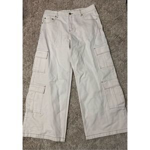 NEW WITH TAGS Milk It Jagged Combat Wide Leg Full-Length Cargo Denim Jeans Ivory